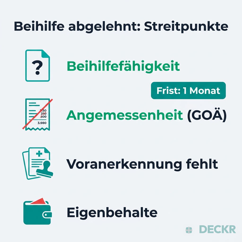 Infografik: Beihilfe abgelehnt – Streitpunkte: Beihilfefähigkeit, Angemessenheit (GOÄ), fehlende Voranerkennung, Eigenbehalte; Frist 1 Monat.