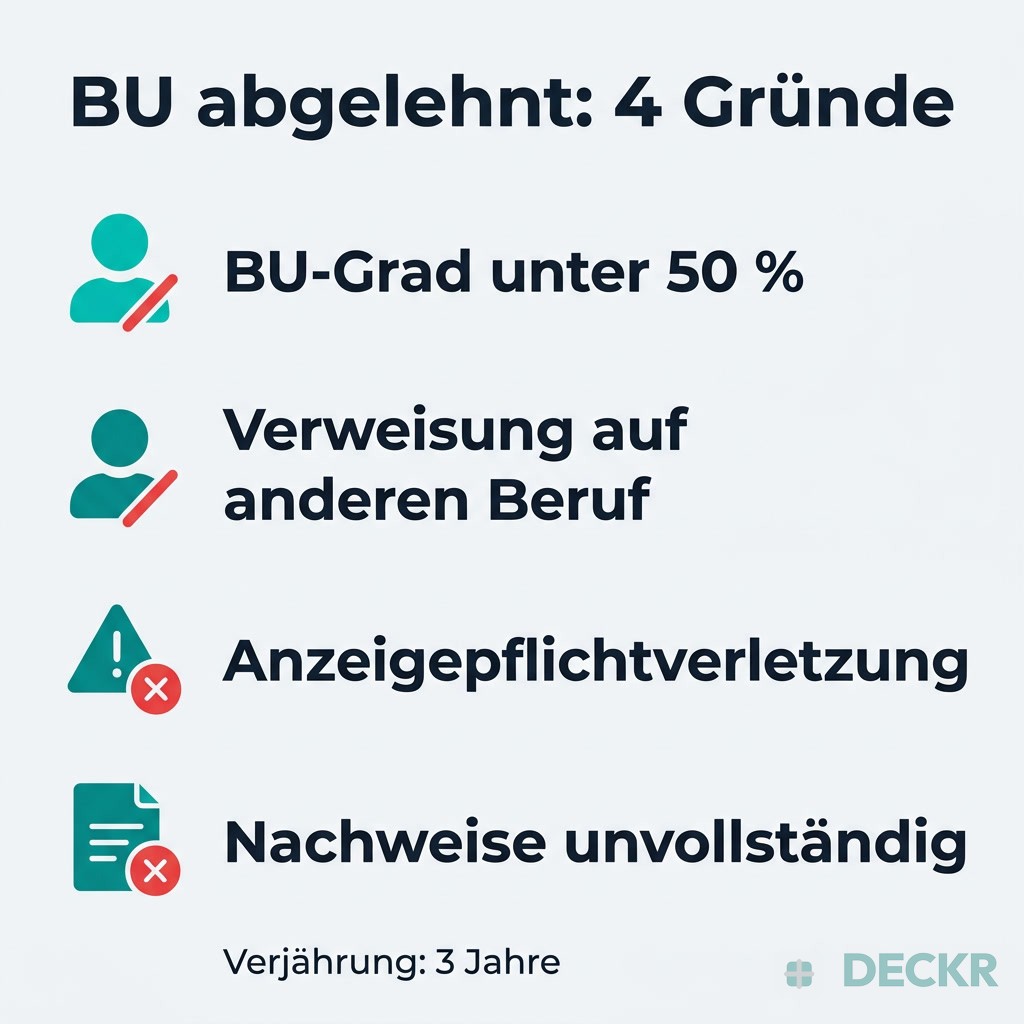 Infografik: BU abgelehnt – 4 Gründe: BU-Grad unter 50 %, Verweisung, Anzeigepflichtverletzung, unvollständige Nachweise; Verjährung 3 Jahre.