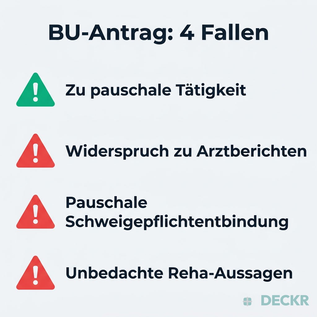 Infografik: BU-Antrag – 4 Fallen: zu pauschale Tätigkeit, Widerspruch zu Arztberichten, pauschale Schweigepflichtentbindung, unbedachte Reha-Aussagen.