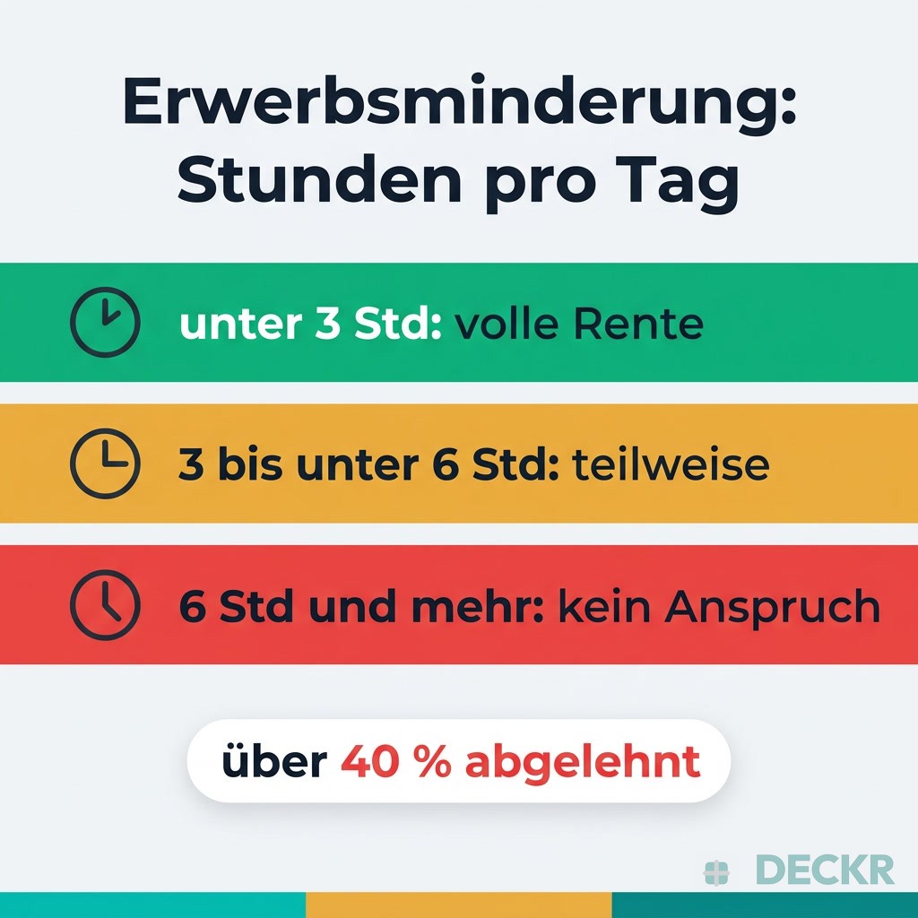 Infografik: Erwerbsminderung nach Stunden pro Tag – unter 3 Std volle Rente, 3 bis unter 6 Std teilweise, ab 6 Std kein Anspruch; über 40 % abgelehnt.