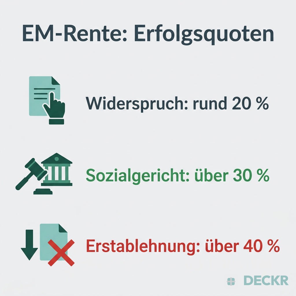 Infografik: Erfolgsquoten EM-Rente – Widerspruch rund 20 %, Sozialgericht über 30 %, Erstablehnung über 40 %.