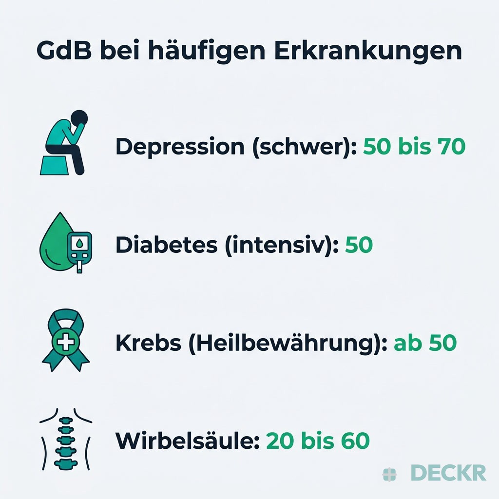 Infografik: GdB bei häufigen Erkrankungen – Depression 50–70, Diabetes 50, Krebs ab 50, Wirbelsäule 20–60.