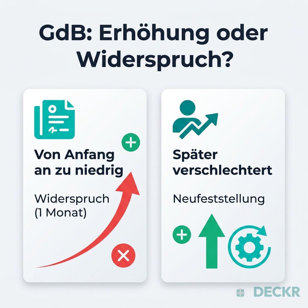 Infografik: GdB Erhöhung oder Widerspruch – von Anfang an zu niedrig: Widerspruch (1 Monat); später verschlechtert: Neufeststellung.