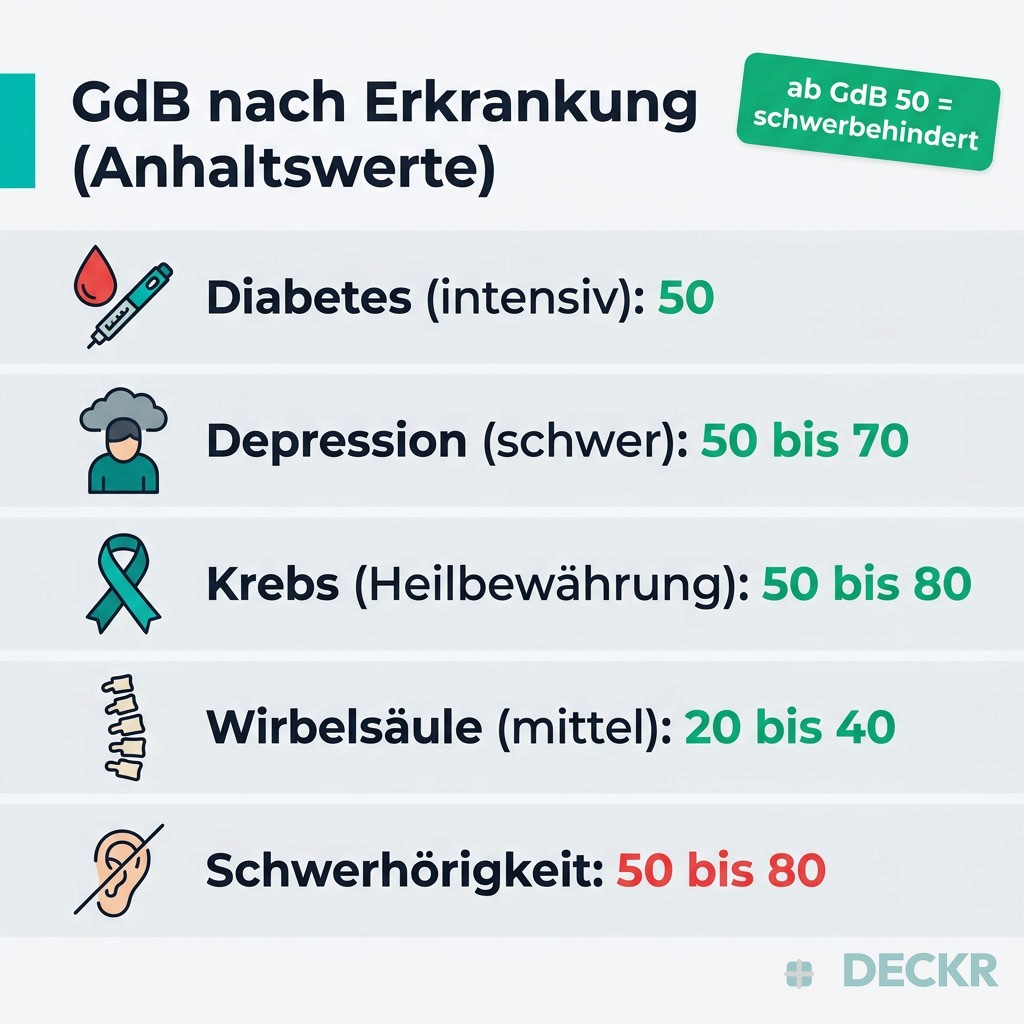 Infografik: GdB nach Erkrankung – Diabetes 50, Depression 50–70, Krebs 50–80, Wirbelsäule 20–40, Schwerhörigkeit 50–80; ab GdB 50 schwerbehindert.