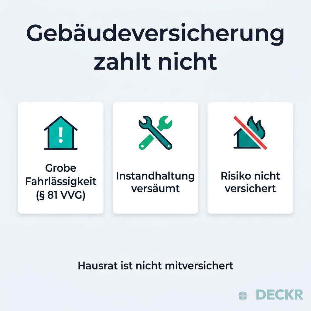 Infografik: Gebäudeversicherung zahlt nicht – grobe Fahrlässigkeit (§ 81 VVG), versäumte Instandhaltung, nicht versichertes Risiko; Hausrat nicht mitversichert.