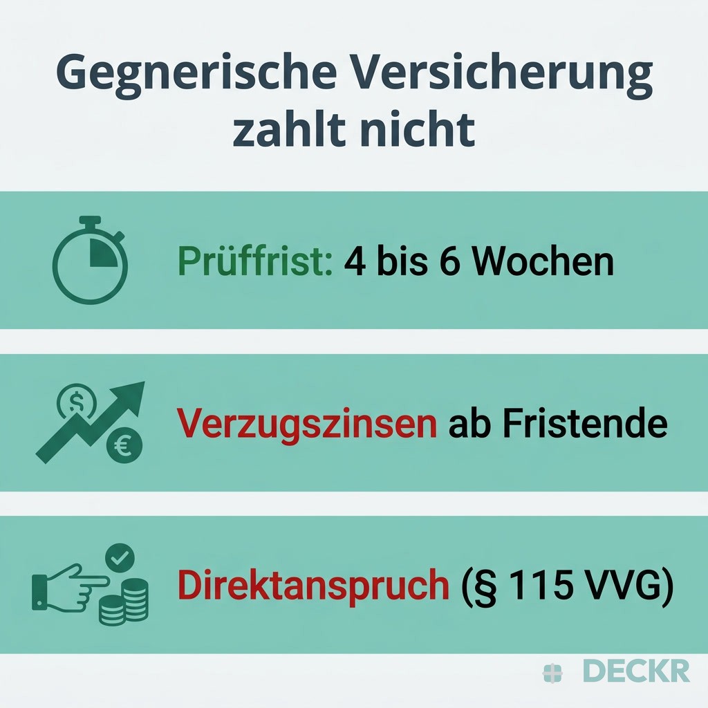 Infografik: Gegnerische Versicherung zahlt nicht. Prüffrist von vier bis sechs Wochen, Verzugszinsen ab Fristende, Direktanspruch nach § 115 VVG.