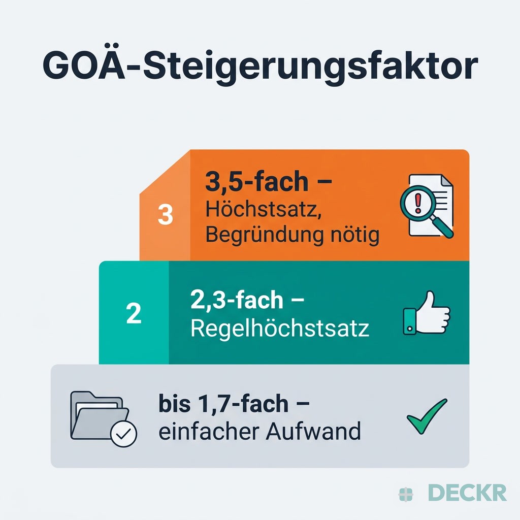 Infografik GOÄ-Steigerungsfaktor: bis 1,7-fach einfacher Aufwand, 2,3-fach Regelhöchstsatz, 3,5-fach Höchstsatz mit Begründungspflicht.