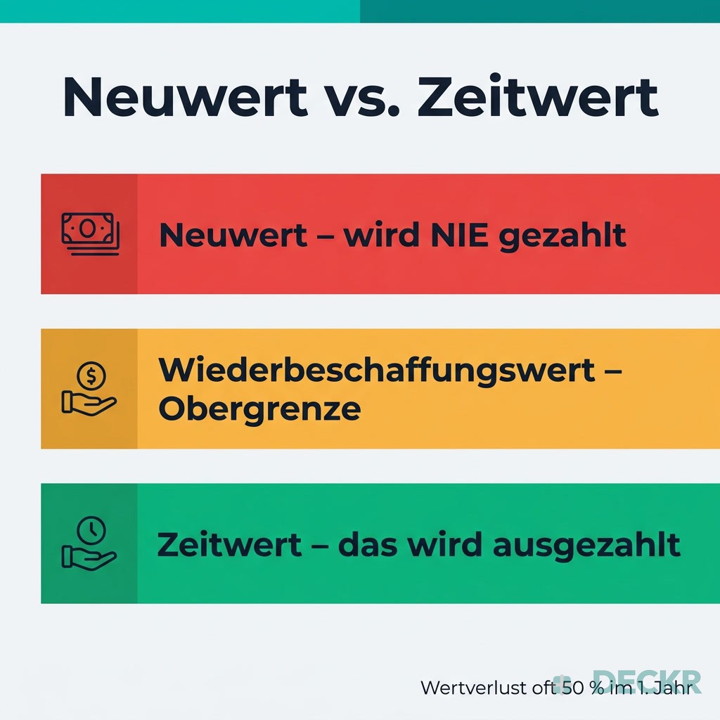 Infografik Neuwert vs. Zeitwert: Neuwert wird nie gezahlt, Wiederbeschaffungswert als Obergrenze, Zeitwert wird ausgezahlt. Wertverlust oft 50 % im ersten Jahr.