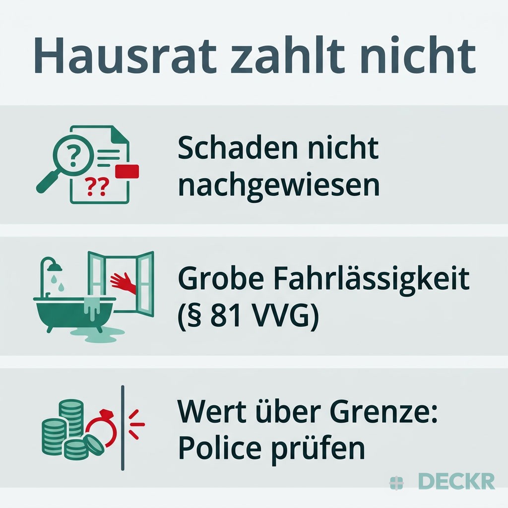 Infografik: Hausrat zahlt nicht – Schaden nicht nachgewiesen, grobe Fahrlässigkeit (§ 81 VVG), Wert über Entschädigungsgrenze.