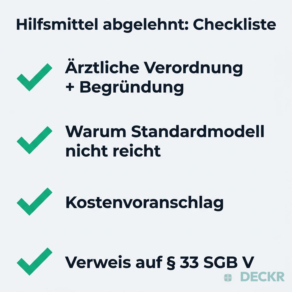 Infografik: Checkliste Hilfsmittel-Widerspruch – ärztliche Verordnung mit Begründung, Standardmodell-Argument, Kostenvoranschlag, § 33 SGB V.