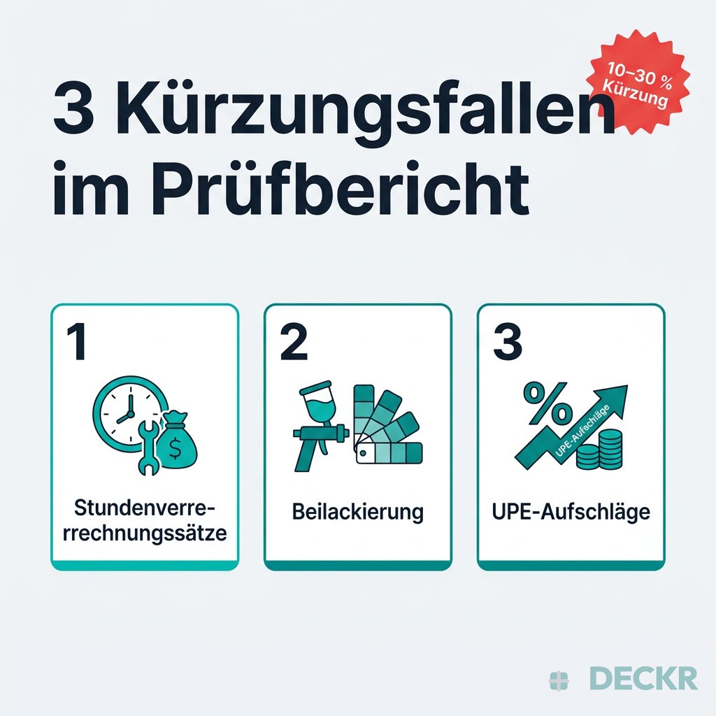 Infografik: 3 Kürzungsfallen im Prüfbericht – Stundenverrechnungssätze, Beilackierung, UPE-Aufschläge. 10–30 % Kürzung.