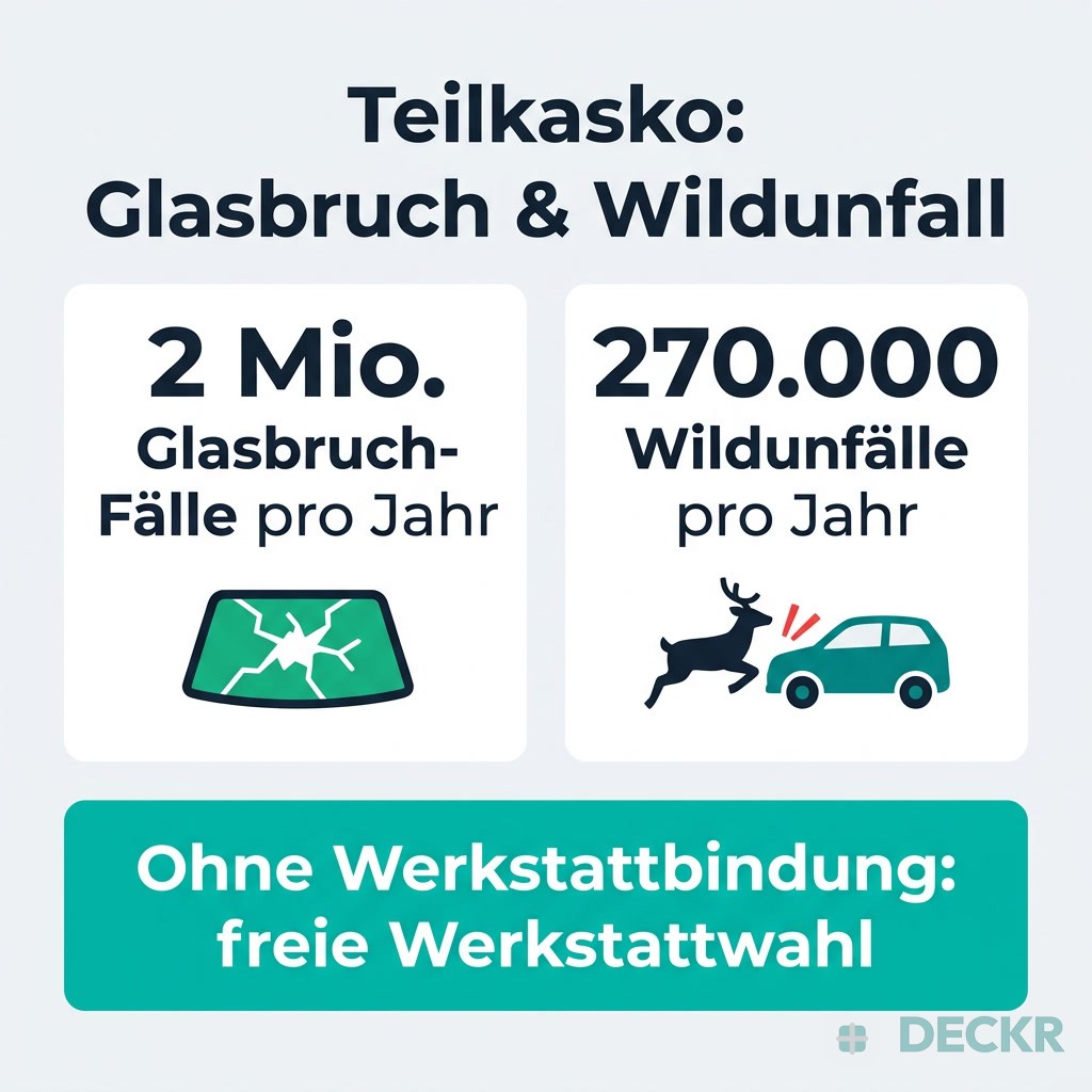 Infografik Teilkasko: 2 Mio. Glasbruch-Fälle und 270.000 Wildunfälle pro Jahr. Ohne Werkstattbindung gilt freie Werkstattwahl.