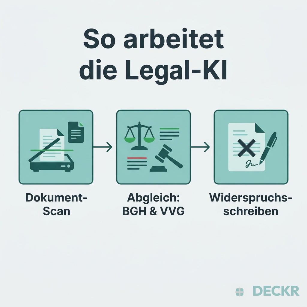 Infografik: So arbeitet die Legal-KI – Dokument-Scan, Abgleich mit BGH und VVG, fertiges Widerspruchsschreiben.