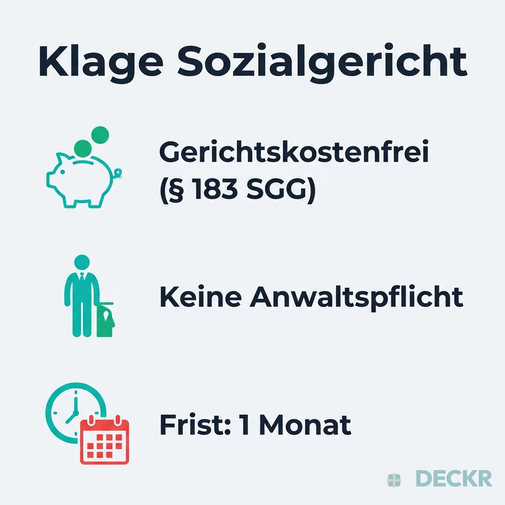 Infografik: Klage Sozialgericht – gerichtskostenfrei (§ 183 SGG), keine Anwaltspflicht, Frist 1 Monat.