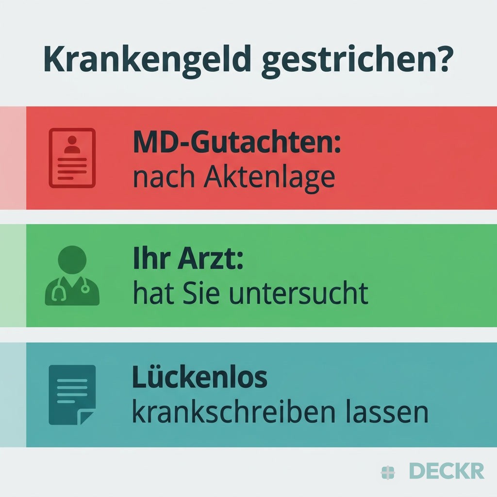 Infografik: Krankengeld gestrichen – MD-Gutachten nach Aktenlage vs. behandelnder Arzt, der untersucht hat; lückenlos krankschreiben lassen.