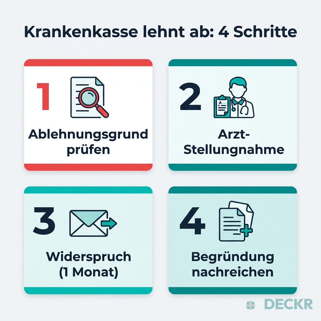 Infografik: 4 Schritte bei Ablehnung der Krankenkasse – Ablehnungsgrund prüfen, Arzt-Stellungnahme, Widerspruch (1 Monat), Begründung nachreichen.