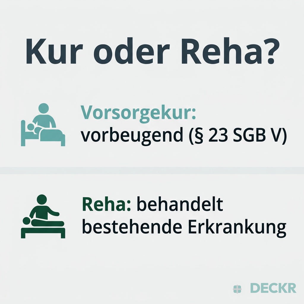 Infografik: Kur oder Reha – Vorsorgekur ist vorbeugend (§ 23 SGB V), Reha behandelt eine bestehende Erkrankung.