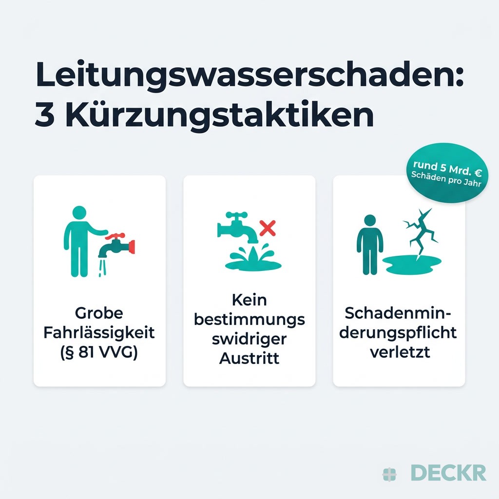 Infografik Leitungswasserschaden: drei Kürzungstaktiken – grobe Fahrlässigkeit (§ 81 VVG), kein bestimmungswidriger Austritt, verletzte Schadenminderungspflicht. 4,9 Mrd. € Schäden pro Jahr.