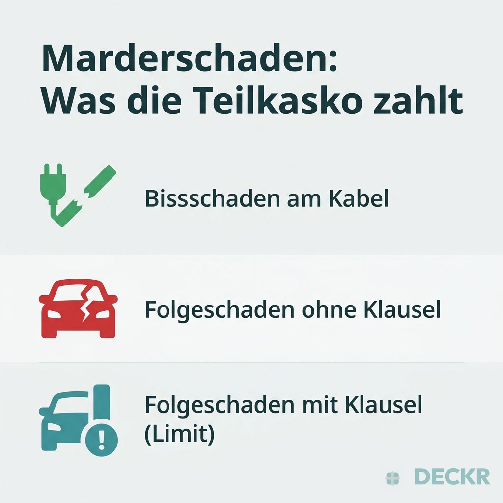 Infografik Marderschaden: Was die Teilkasko zahlt. Bissschaden am Kabel ist gedeckt, Folgeschaden ohne Klausel nicht, Folgeschaden mit Klausel nur bis zum vereinbarten Limit.