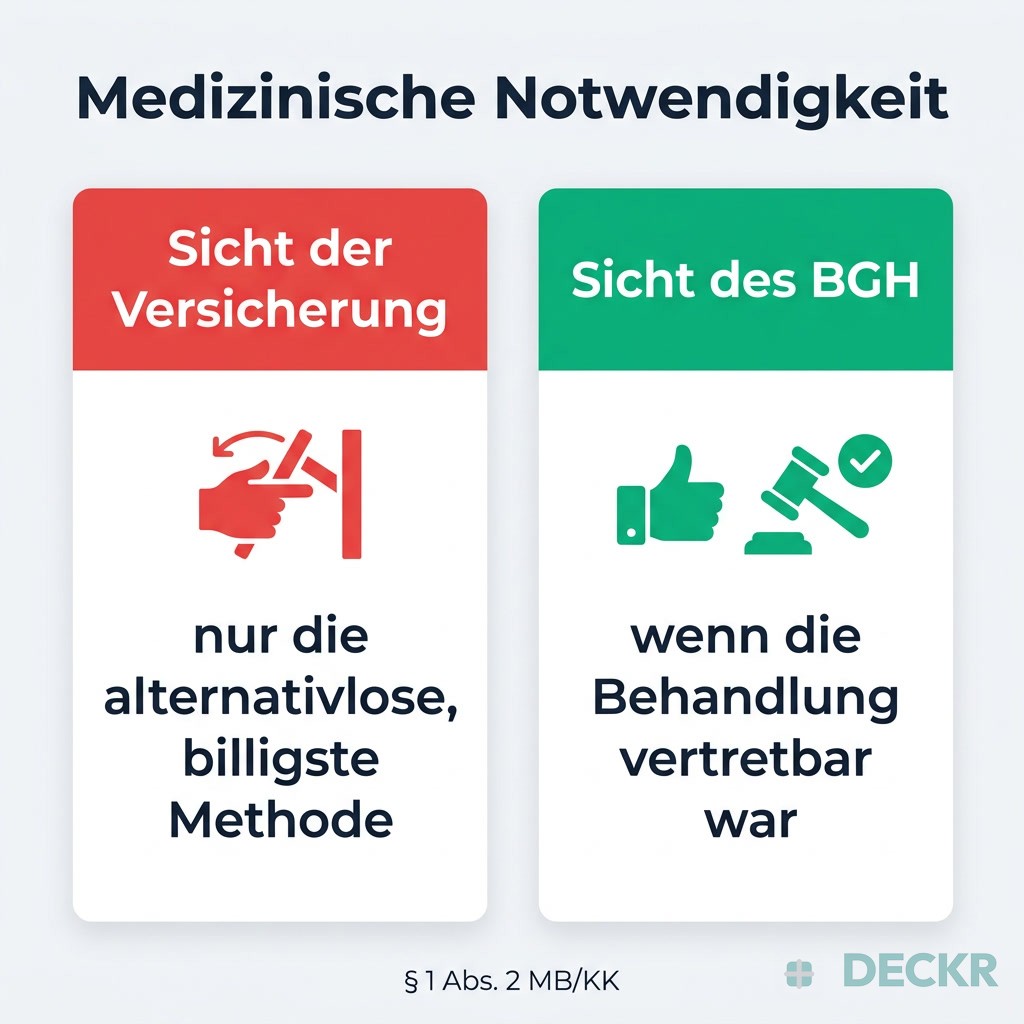 Infografik: Medizinische Notwendigkeit – Sicht der Versicherung (alternativlose, billigste Methode) vs. Sicht des BGH (vertretbare Behandlung, § 1 Abs. 2 MB/KK).
