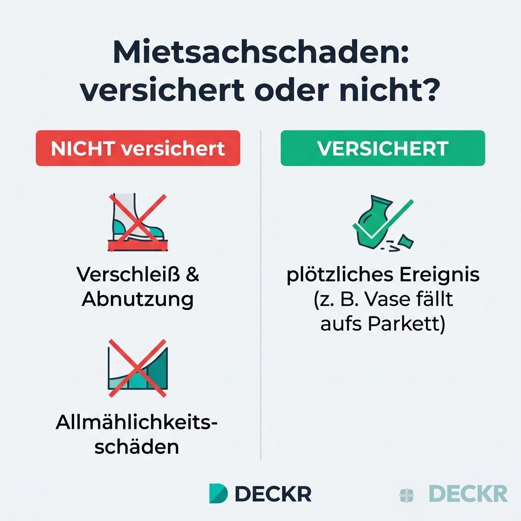 Infografik Mietsachschaden: nicht versichert sind Verschleiß und Allmählichkeitsschäden, versichert ist das plötzliche Ereignis (z. B. Vase fällt aufs Parkett).