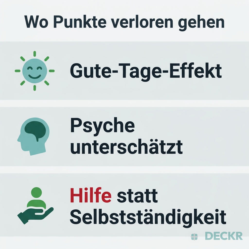 Infografik: Wo Punkte verloren gehen – Gute-Tage-Effekt, unterschätzte Psyche, Hilfe statt Selbstständigkeit.