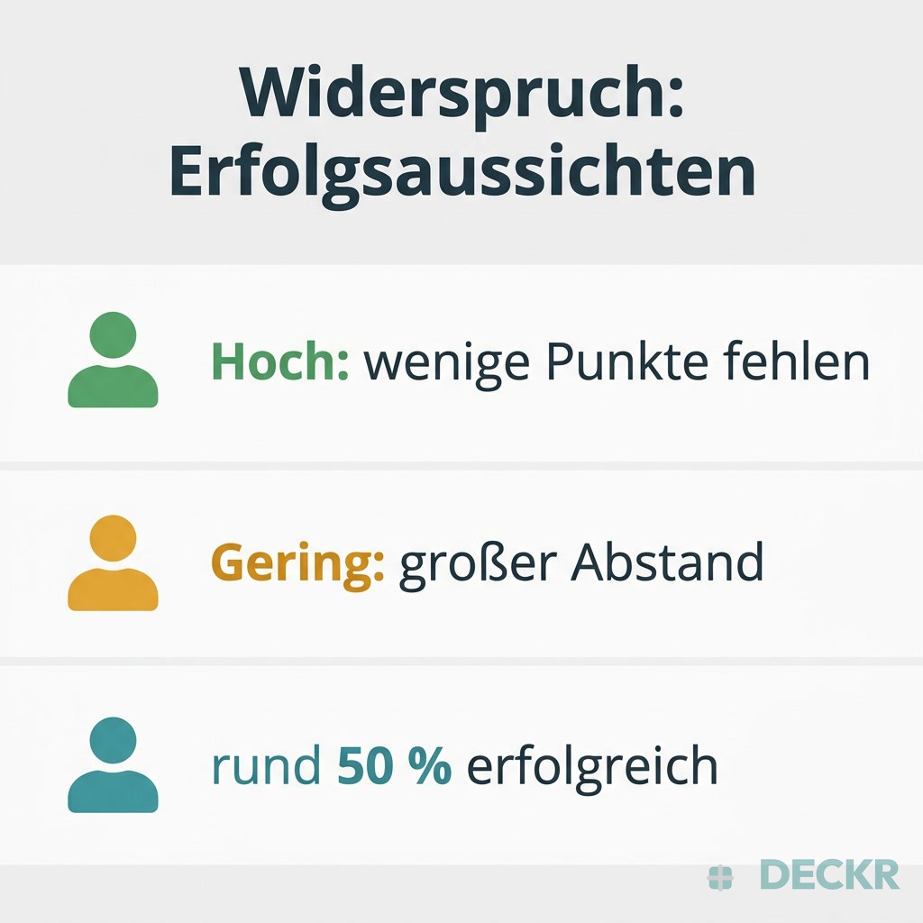 Infografik: Erfolgsaussichten des Pflegegrad-Widerspruchs – hoch bei wenigen fehlenden Punkten, gering bei großem Abstand, rund 50 % erfolgreich.
