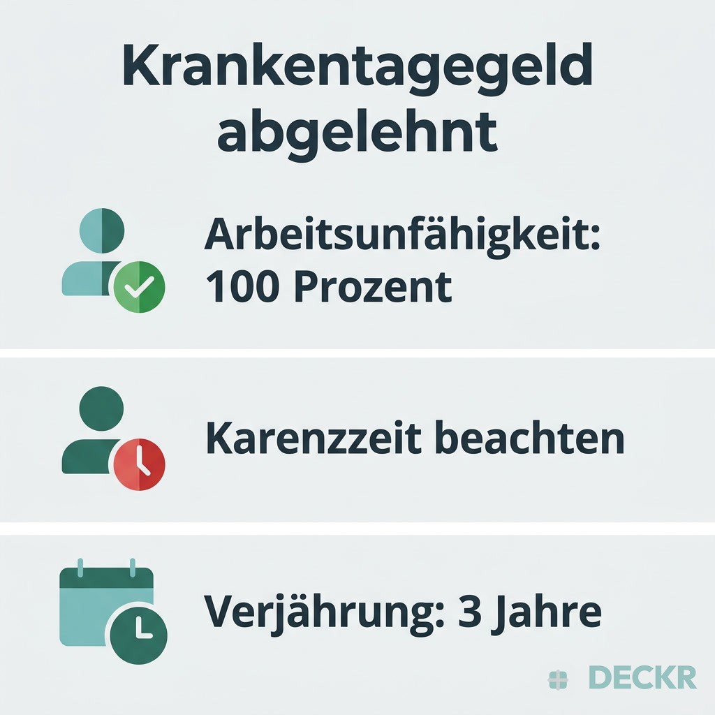 Infografik: Krankentagegeld abgelehnt – Arbeitsunfähigkeit muss 100 Prozent betragen, Karenzzeit beachten, Verjährung nach drei Jahren.