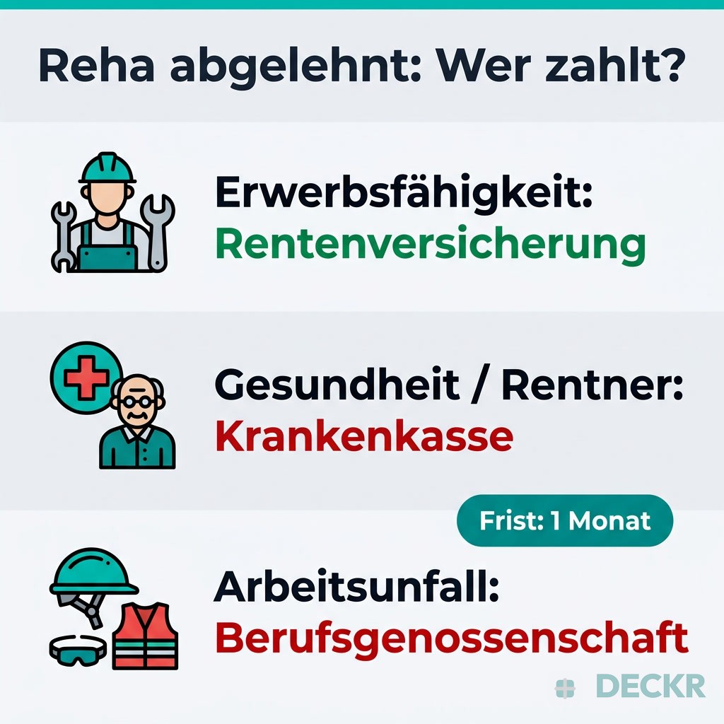 Infografik: Reha abgelehnt – Zuständigkeit: Rentenversicherung (Erwerbsfähigkeit), Krankenkasse (Gesundheit), Berufsgenossenschaft (Arbeitsunfall); Frist 1 Monat.