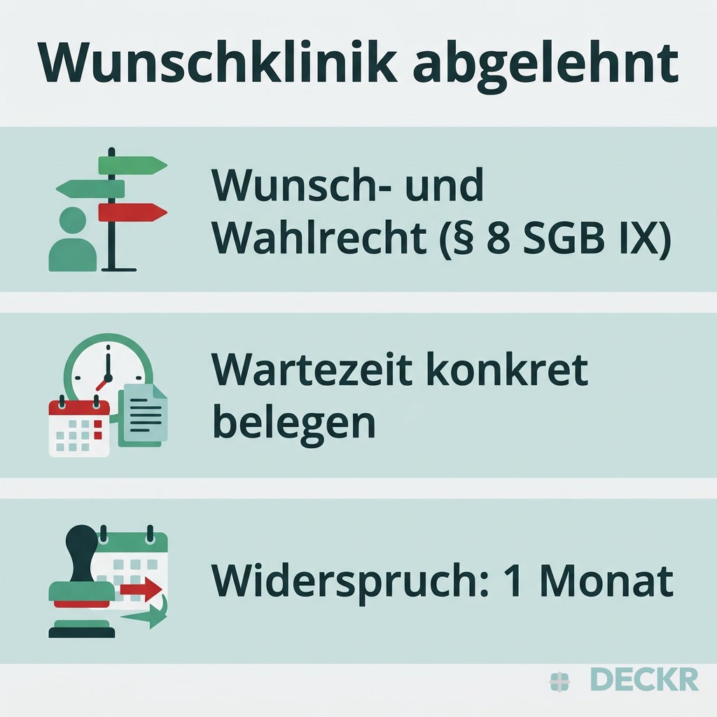 Infografik: Wunschklinik abgelehnt – Wunsch- und Wahlrecht nach § 8 SGB IX, Wartezeit konkret belegen, Widerspruch innerhalb von 1 Monat.