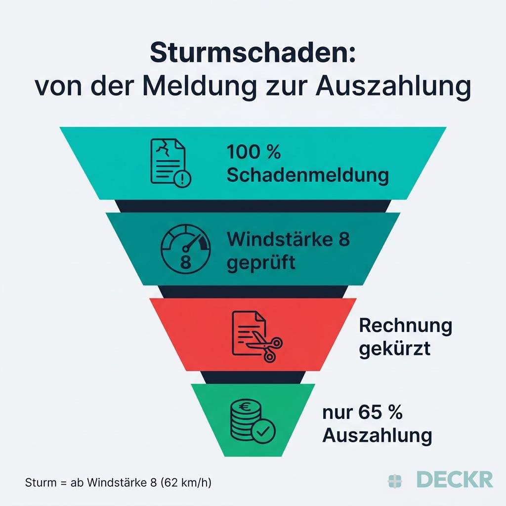 Infografik Sturmschaden-Regulierung: von 100 % Schadenmeldung über Windstärke-8-Prüfung und Rechnungskürzung zu oft nur 65 % Auszahlung. Sturm ab Windstärke 8 (62 km/h).