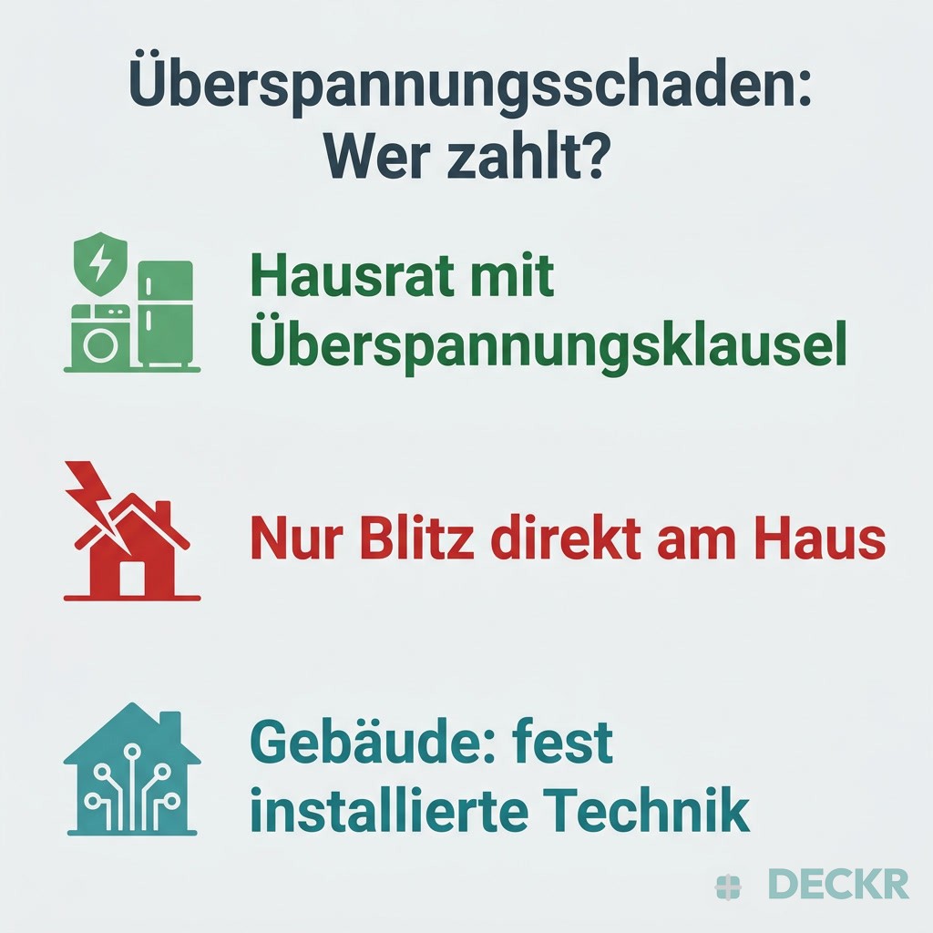 Infografik: Überspannungsschaden, wer zahlt? Hausrat mit Überspannungsklausel zahlt, nur Blitzschlag direkt am Haus ohne Klausel, Gebäudeversicherung für fest installierte Technik.
