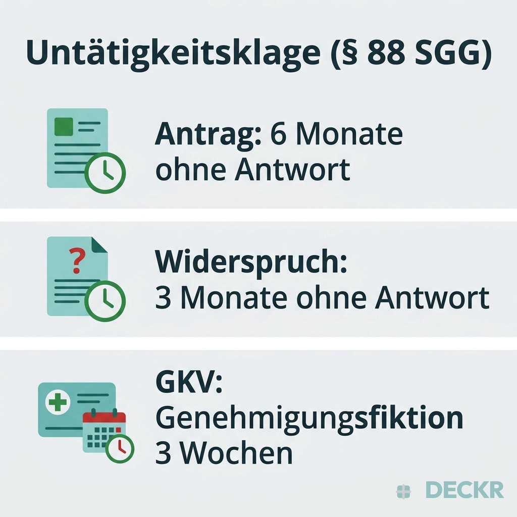 Infografik: Untätigkeitsklage (§ 88 SGG) – Antrag 6 Monate, Widerspruch 3 Monate ohne Antwort; GKV Genehmigungsfiktion 3 Wochen.