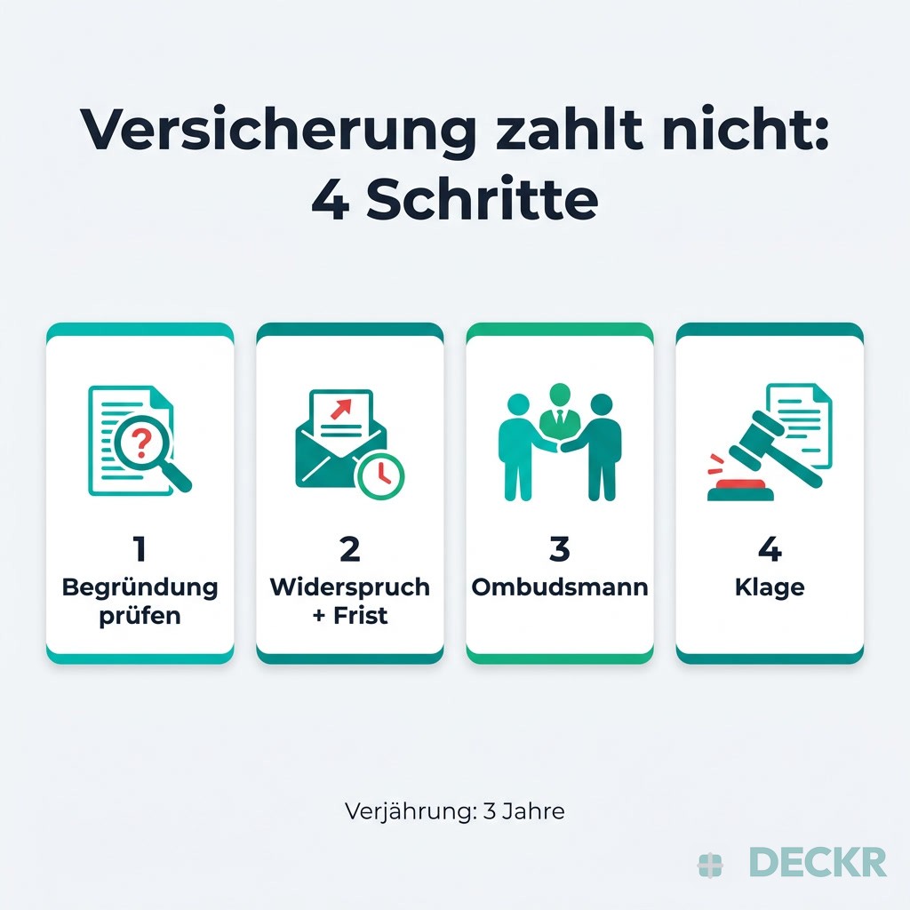 Infografik: Versicherung zahlt nicht – 4 Schritte: Begründung prüfen, Widerspruch mit Frist, Ombudsmann, Klage; Verjährung 3 Jahre.