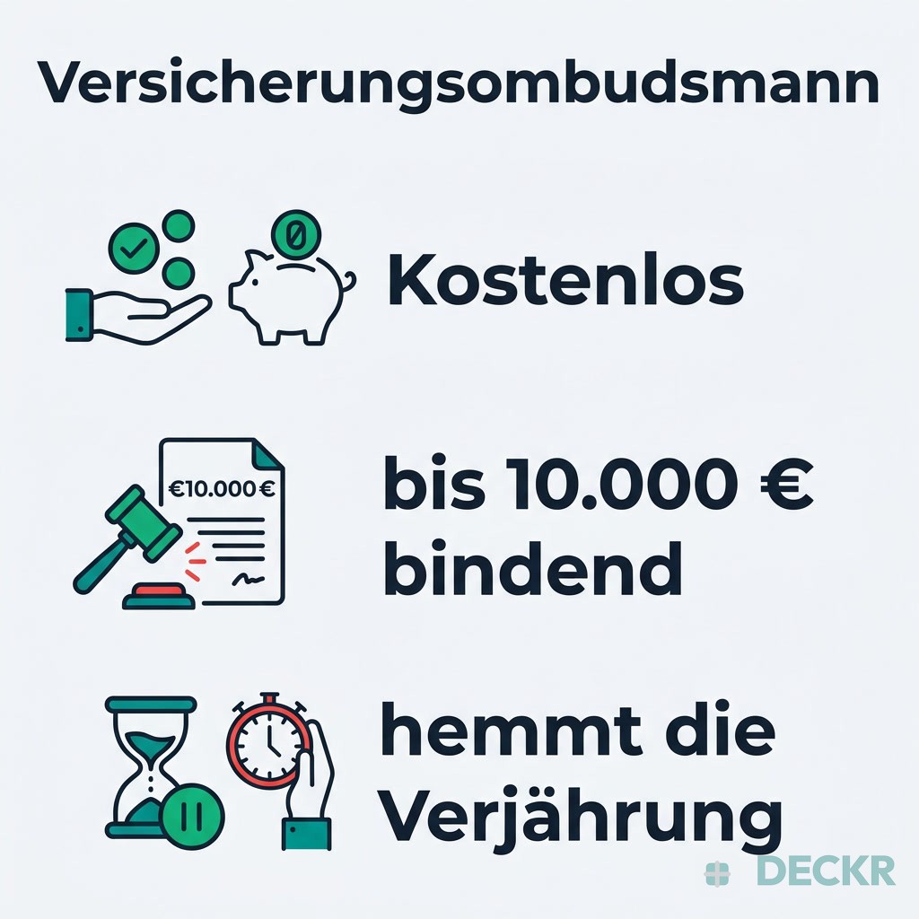 Infografik: Versicherungsombudsmann – kostenlos, bis 10.000 € bindend, hemmt die Verjährung.