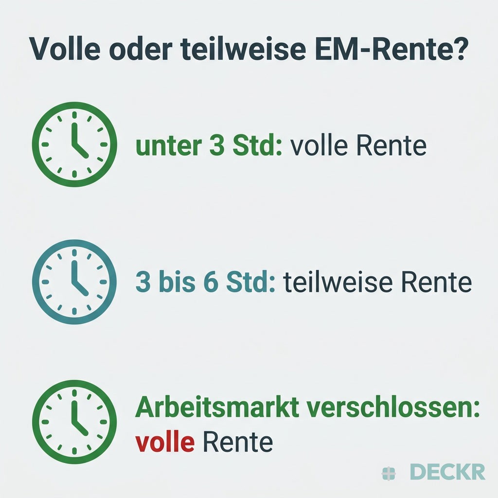 Infografik: Volle oder teilweise EM-Rente – unter 3 Std volle Rente, 3 bis 6 Std teilweise, bei verschlossenem Arbeitsmarkt volle Rente.