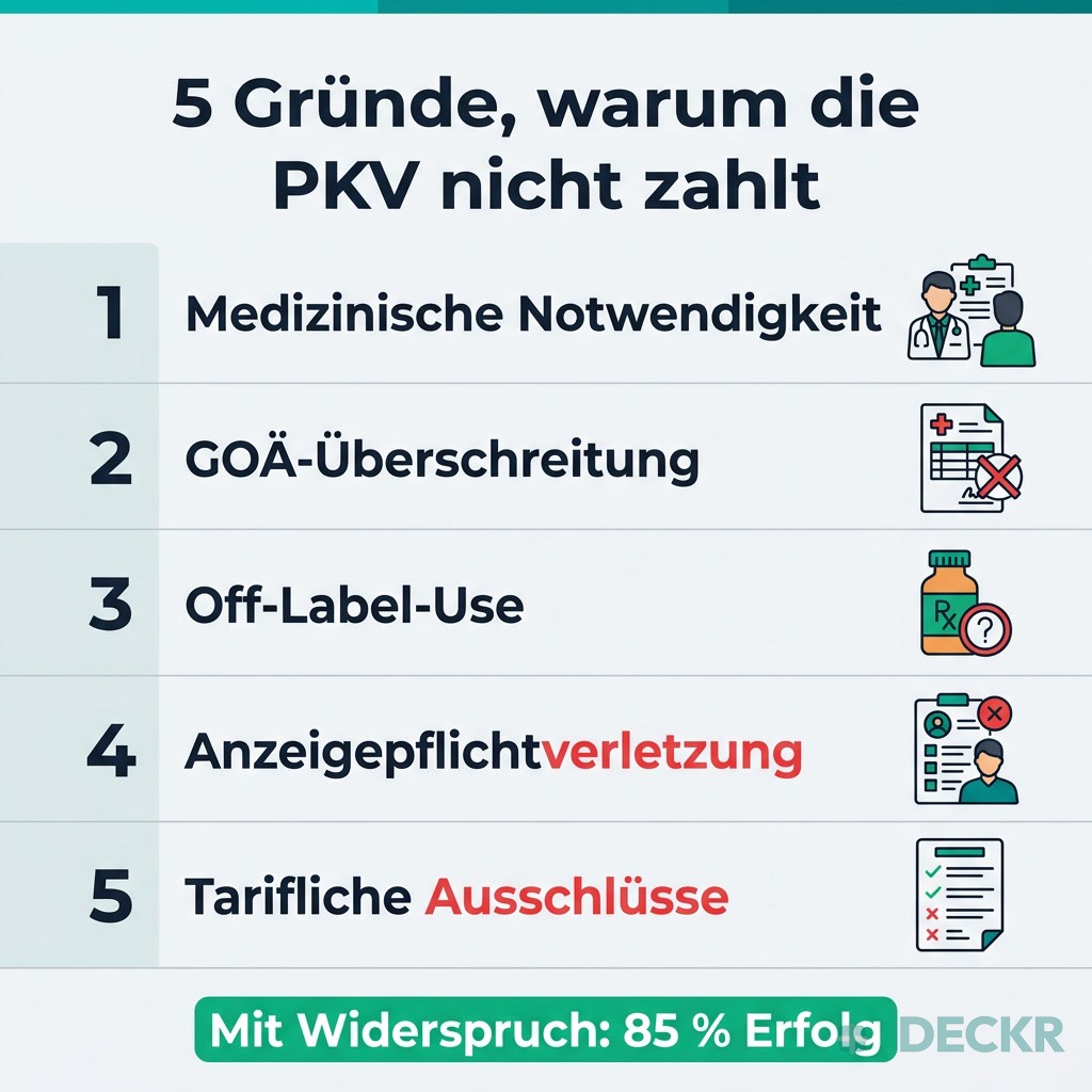Infografik: 5 Gründe, warum die private Krankenversicherung nicht zahlt – Medizinische Notwendigkeit, GOÄ-Überschreitung, Off-Label-Use, Anzeigepflichtverletzung, tarifliche Ausschlüsse. Mit Widerspruch 85 % Erfolg.
