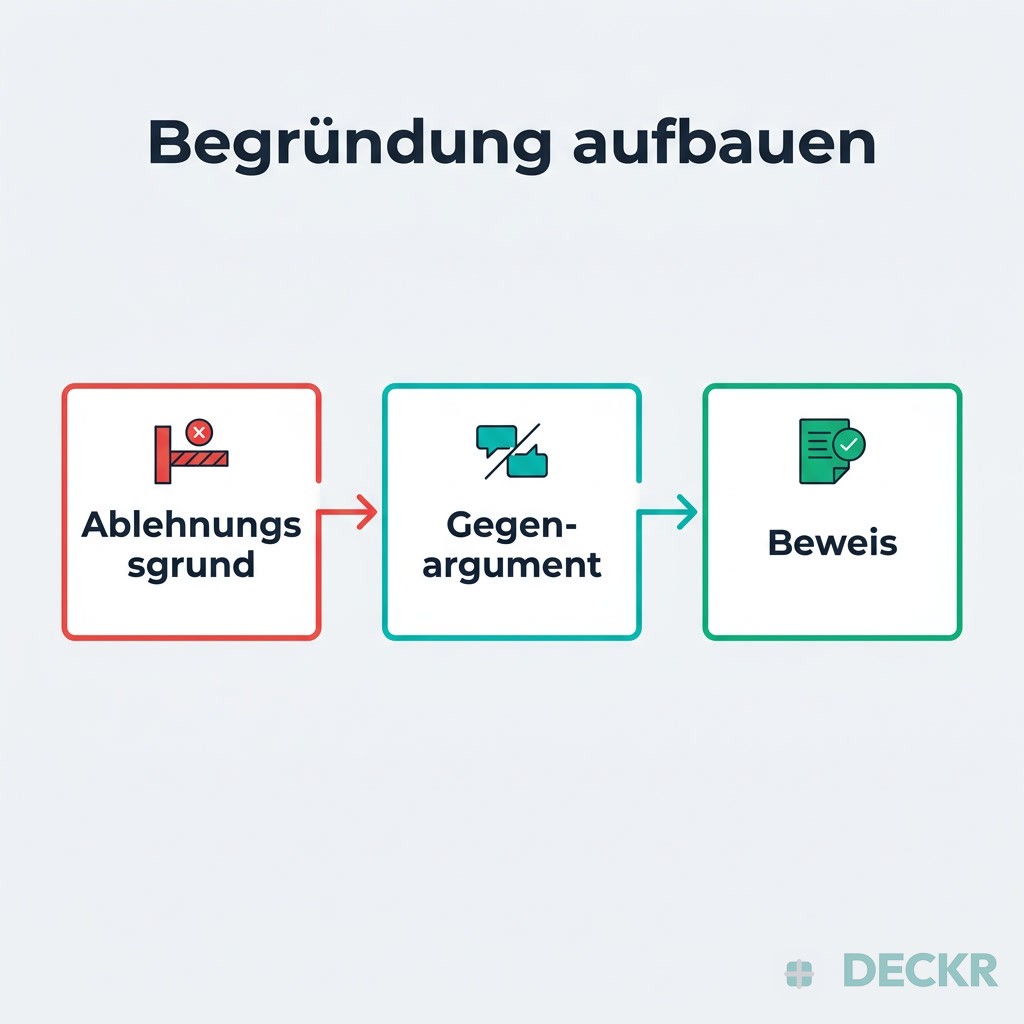 Infografik: Begründung aufbauen – Ablehnungsgrund, Gegenargument, Beweis.