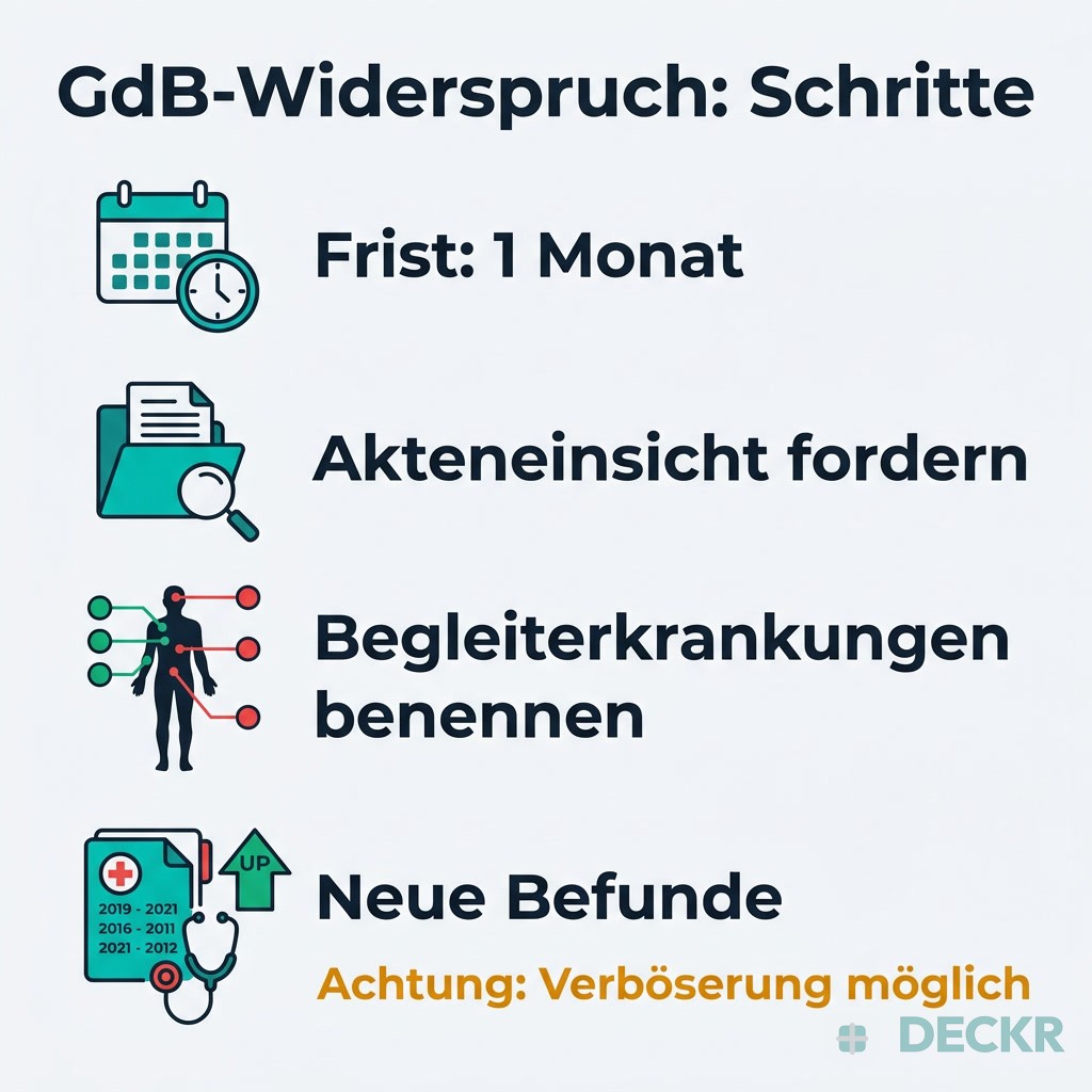 Infografik: GdB-Widerspruch Schritte – Frist 1 Monat, Akteneinsicht fordern, Begleiterkrankungen benennen, neue Befunde; Achtung Verböserung möglich.