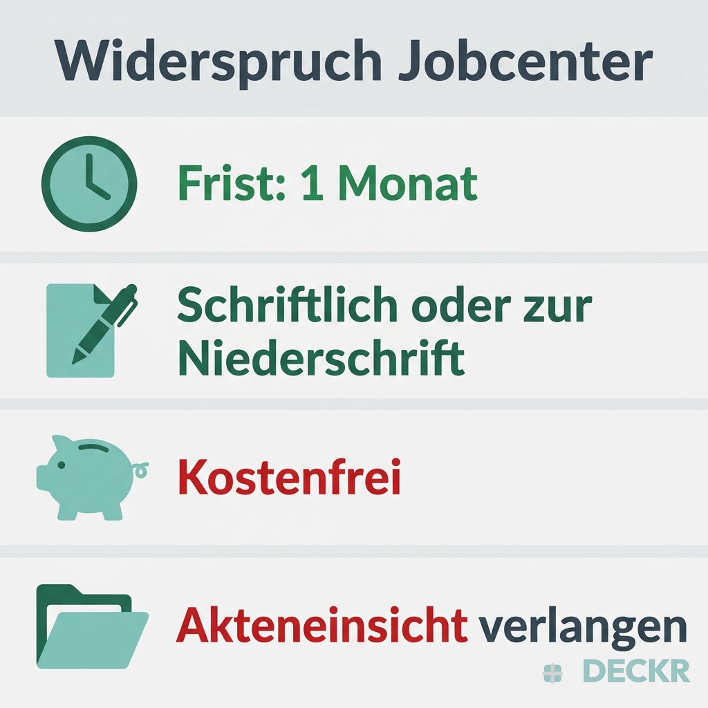 Infografik: Widerspruch Jobcenter in vier Punkten: Frist ein Monat, schriftlich oder zur Niederschrift, kostenfrei, Akteneinsicht verlangen.