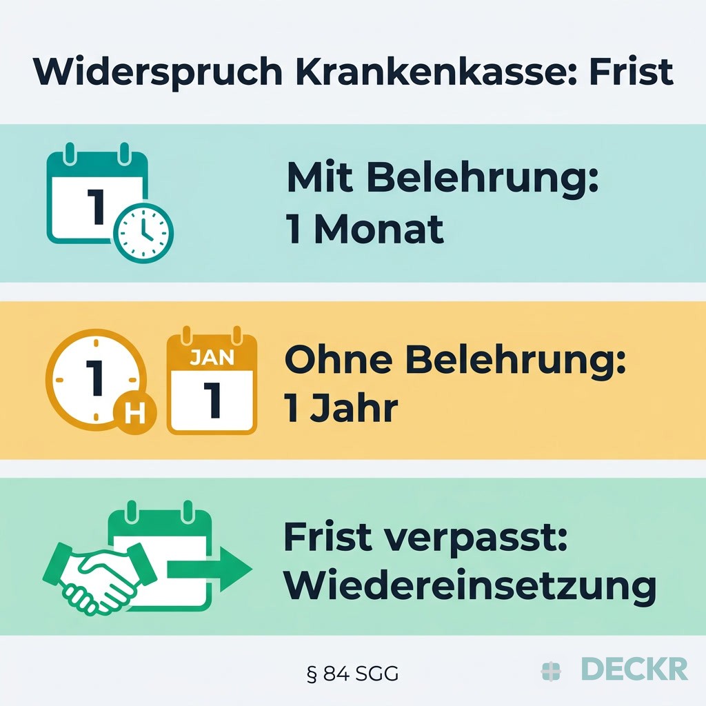 Infografik: Widerspruchsfrist bei der Krankenkasse – mit Rechtsbehelfsbelehrung 1 Monat, ohne 1 Jahr, bei verpasster Frist Wiedereinsetzung (§ 84 SGG).