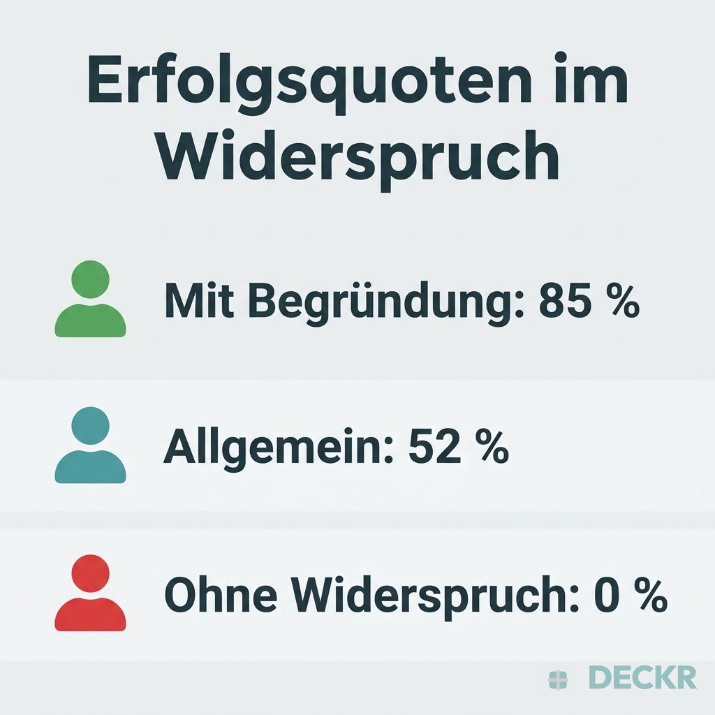 Infografik: Erfolgsquoten im Widerspruch – mit fundierter Begründung 85 %, allgemein 52 %, ohne Widerspruch 0 %.
