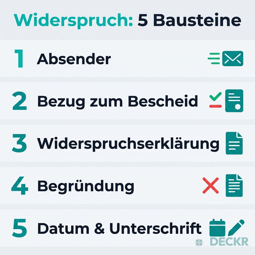 Infografik: Widerspruch – 5 Bausteine: Absender, Bezug zum Bescheid, Widerspruchserklärung, Begründung, Datum und Unterschrift.