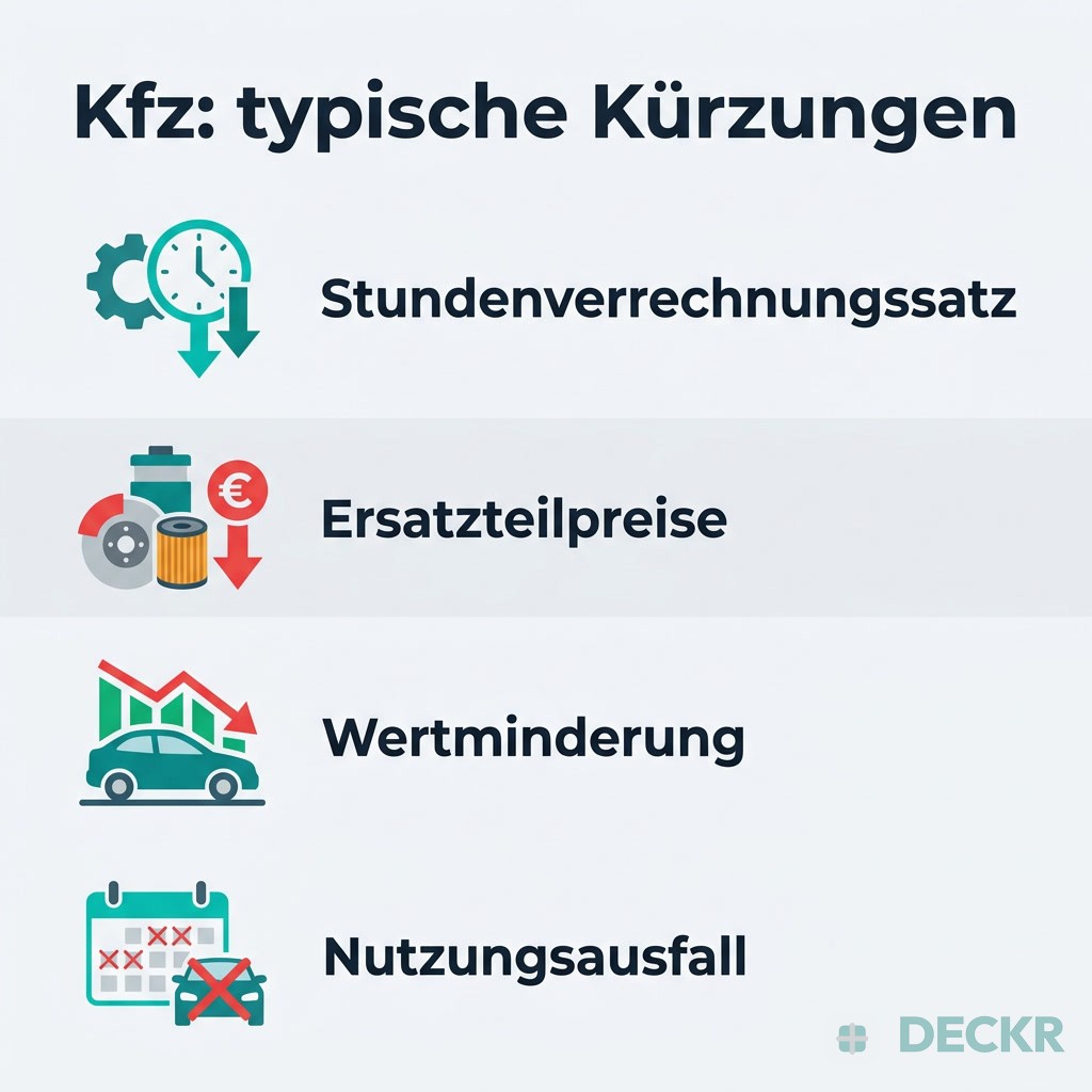 Infografik: Kfz – typische Kürzungen: Stundenverrechnungssatz, Ersatzteilpreise, Wertminderung, Nutzungsausfall.