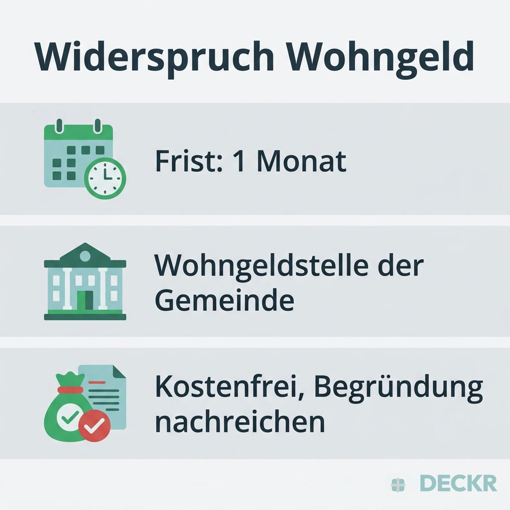 Infografik: Widerspruch Wohngeld in drei Punkten: Frist ein Monat, zuständig ist die Wohngeldstelle der Gemeinde, Verfahren kostenfrei und Begründung nachreichen.