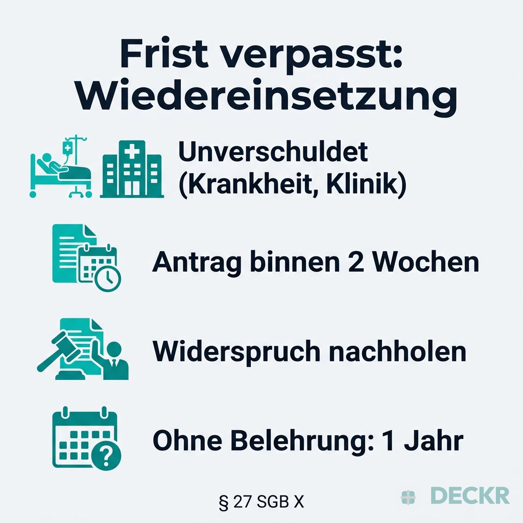 Infografik: Frist verpasst – Wiedereinsetzung: unverschuldet, Antrag binnen 2 Wochen, Widerspruch nachholen, ohne Belehrung 1 Jahr (§ 27 SGB X).