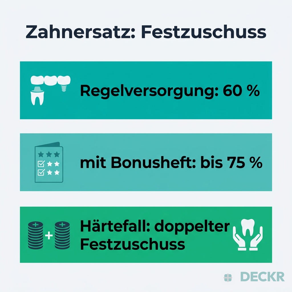 Infografik: Festzuschuss Zahnersatz – Regelversorgung 60 %, mit Bonusheft bis 75 %, Härtefall doppelter Festzuschuss.