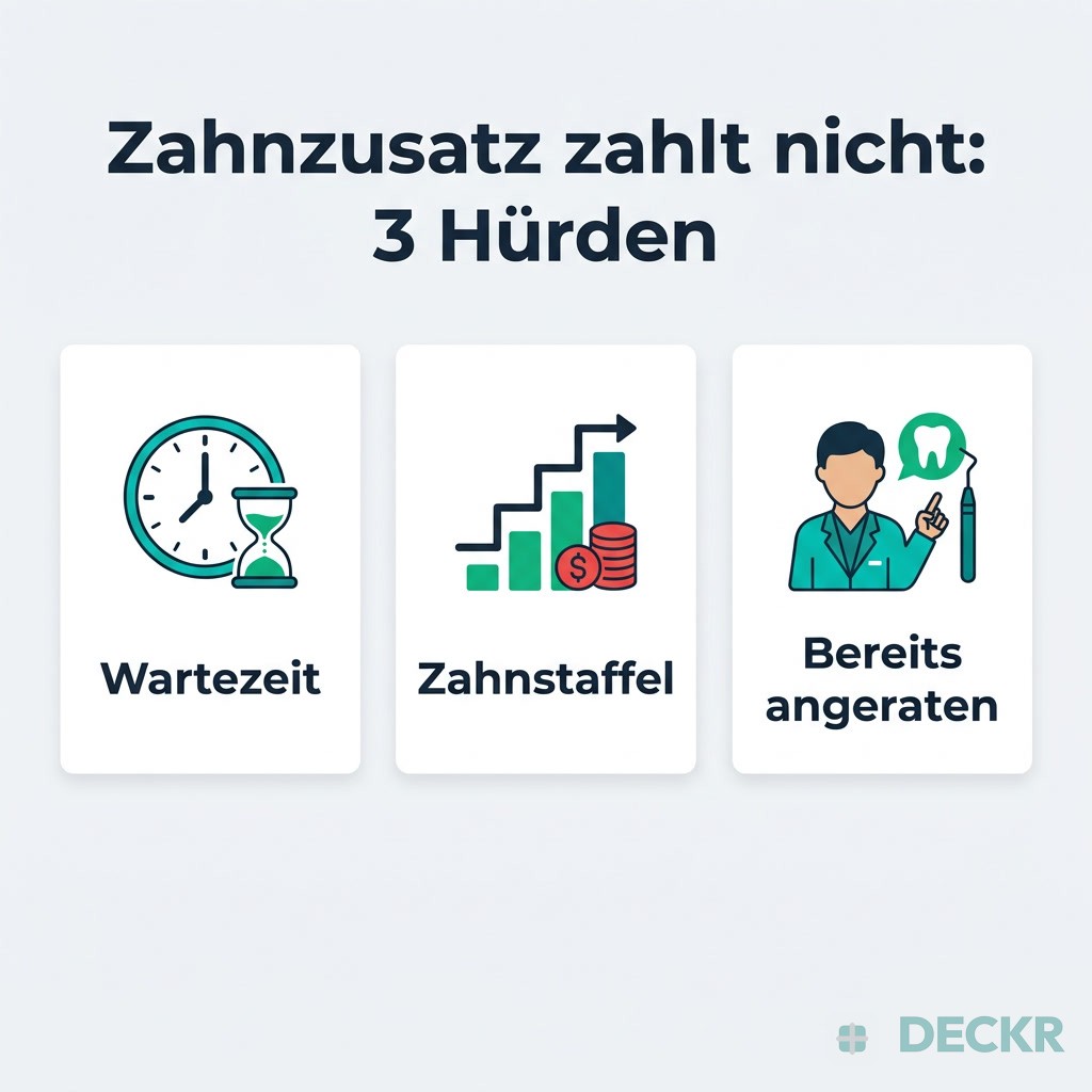 Infografik: Zahnzusatz zahlt nicht – 3 Hürden: Wartezeit, Zahnstaffel, bereits angeratene Behandlung.